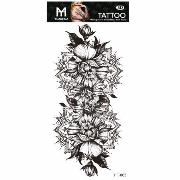 Väliaikainen tatuointi 19 x 9cm - Kukkia mandalakuvion päällä