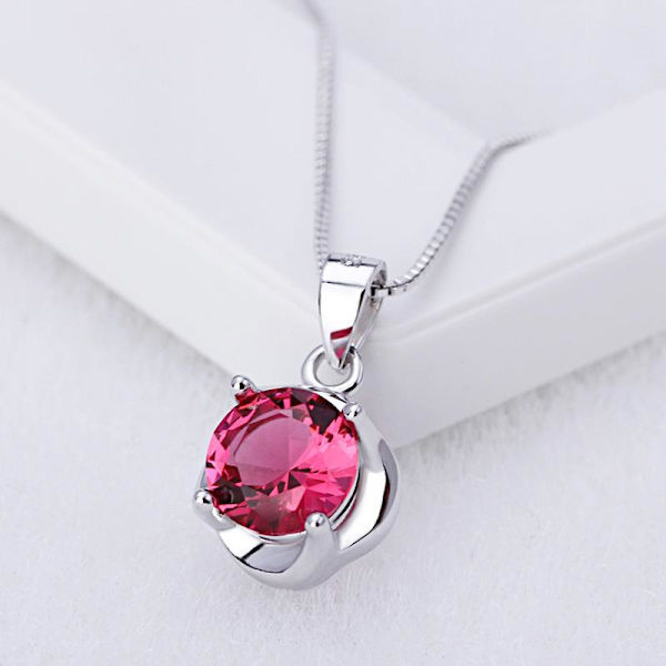 Necklace - silver color with red rhinestone