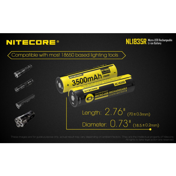 NL1835R - NITECORE Li-io 18650 3500mAh med USB Gul