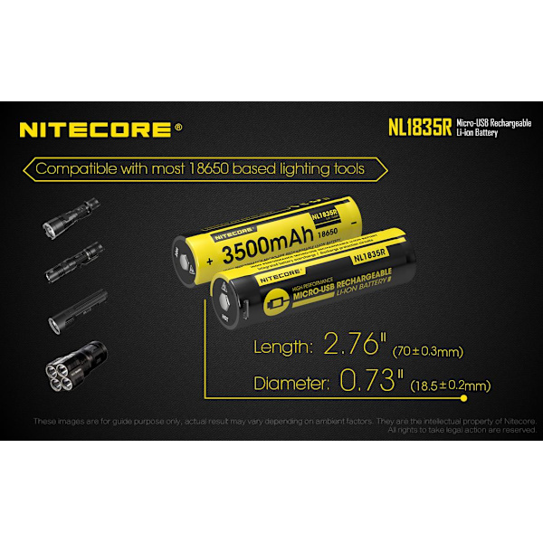 NL1835R - NITECORE Li-io 18650 3500mAh med USB Gul