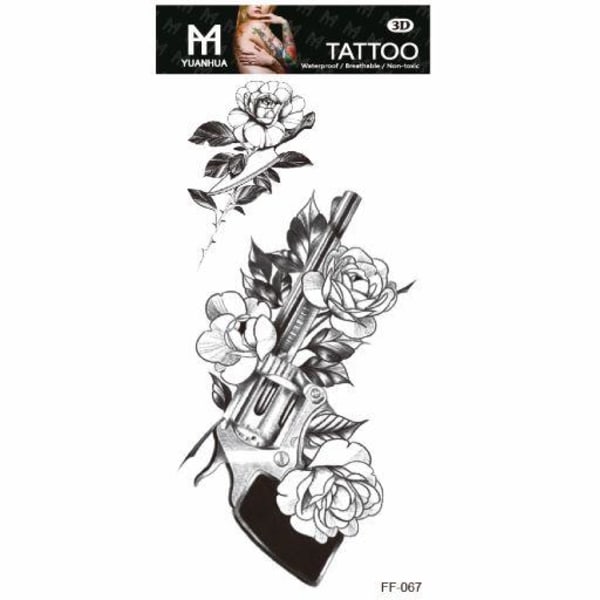 Midlertidig tatovering 19 x 9 cm - Pistol med blomster