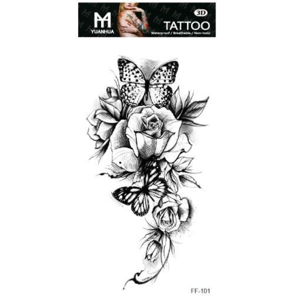 Väliaikainen tatuointi 19 x 9cm - Kukkapensas perhosilla