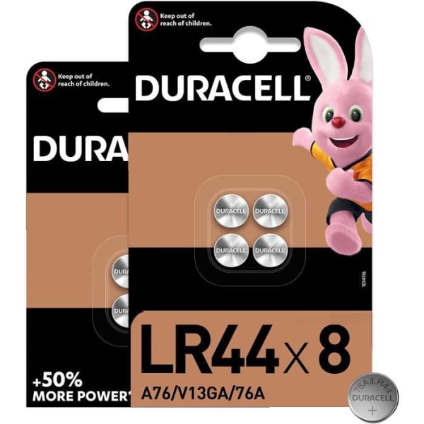 Duracell LR44 1,5V alkaliskt knappcellsbatteri, 8-pack (76A / A76 / V13GA), för leksaker, miniräknare och mätenheter