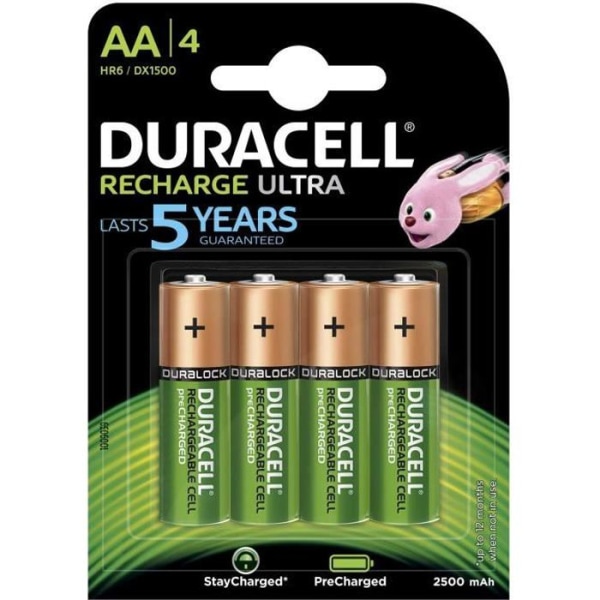 Duracell Recharge Ultra Rechargeable Batterier Typ AA 2500 mAh, paket med 4 batterier