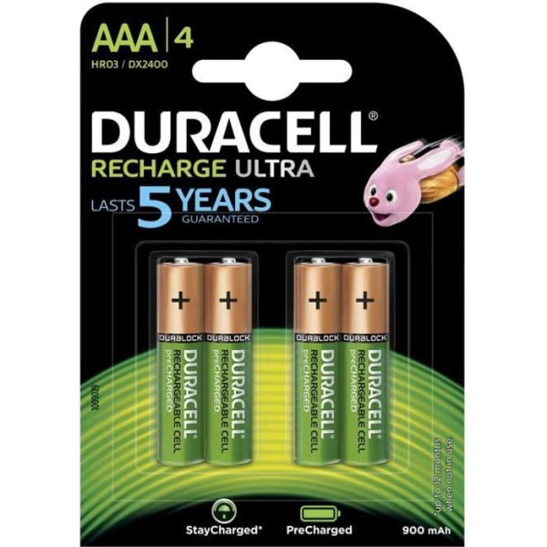 Duracell Recharge Ultra Rechargeable Batterier Typ AAA 900 mAh, paket med 4 batterier
