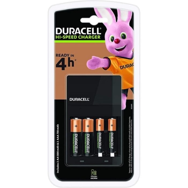BATTERIER Duracell CEF14 4 timmars batteriladdare, med uppladdningsbara batterier ingår, AA + AAA20