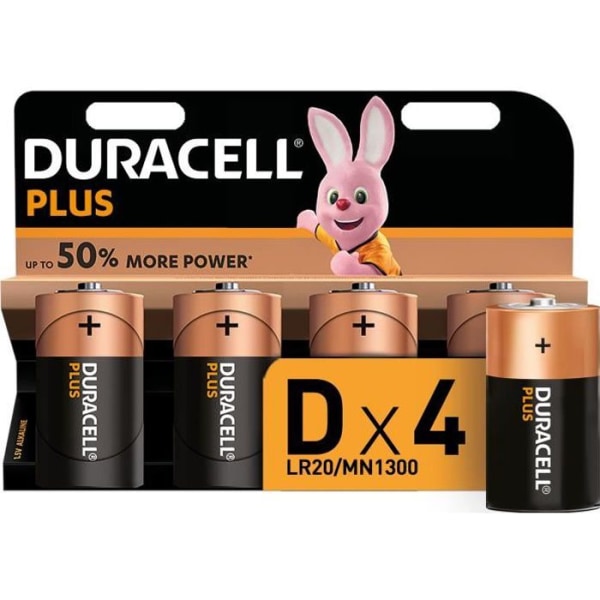 Duracell Plus, 4-pack alkaliska batterier av D-typ, 1,5 volt, LR20