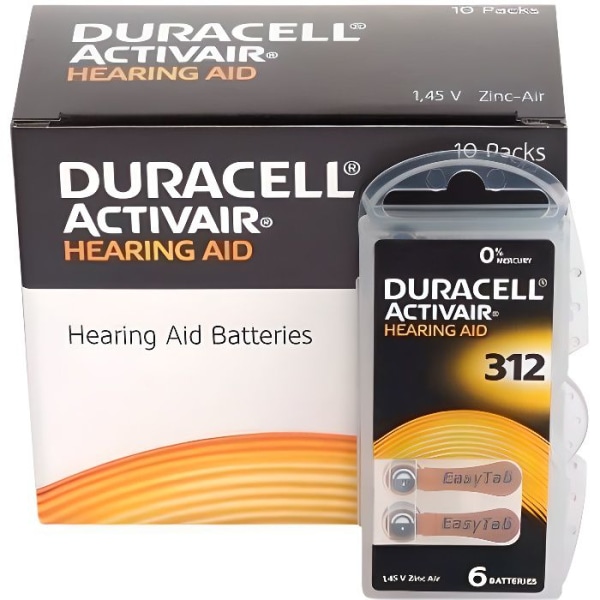 Duracell Easytab/Activair Typ 312 Hörapparat Zink Air P312 PR41 ZL3, 60 st. Gul