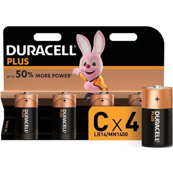 Duracell Plus, set med 4 alkaliska batterier typ C 1,5 Volt, LR14