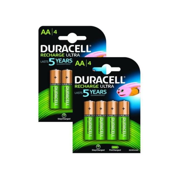 Duracell AA-paket med 8 förladdade uppladdningsbara batterier 2500 mAh