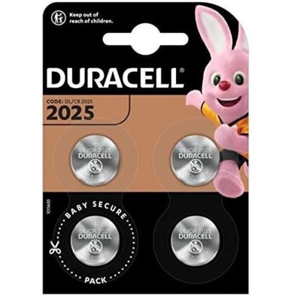 Duracell 2025 3V litium myntcellsbatteri, 4-pack, med Baby Secure Technology, för nyckelbrickor, vågar och bärbara enheter och