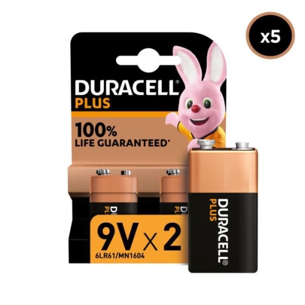 5x2 Duracell Plus 9V batterier