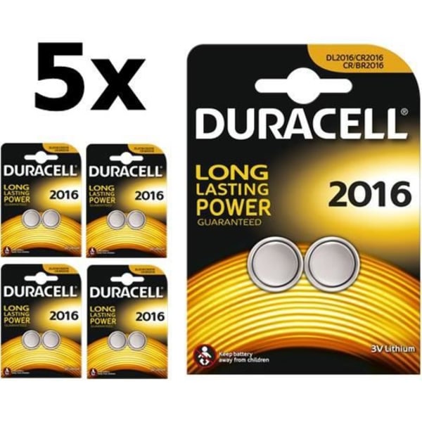10 stycken paket (5 paket har 2 stycken) - 3V 90mAh litiumknappcellsbatteri Duracell CR2016 Professional Electronics
