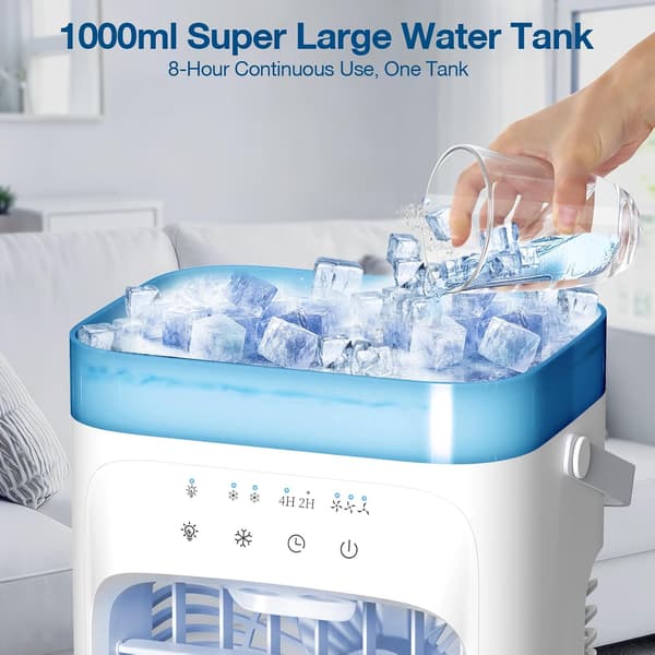 Bærbar luftkjølervifte, 3-i-1 minikjøler med 1000 ml tank, 2 tåkemoduser, LED-lys, timer for hjem og camping White