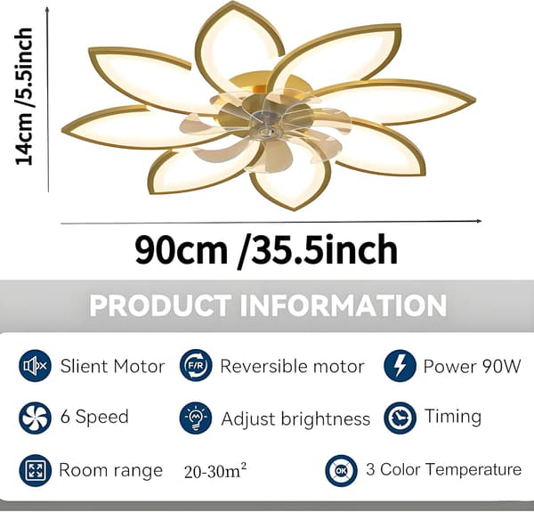 Dimmbar LED Takvifte, Ø90cm, 3 Lysfarger, Fjernkontroll & Appstyring, 6 Hastigheter, Timer Gold