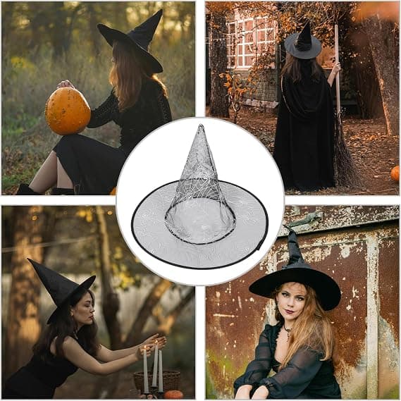 Gothic Witch Hat Halloween, Silver Mesh with Pointed Shape, Lightweight Costume Accessory for Party, Cosplay, Masquerade and Festival Silver