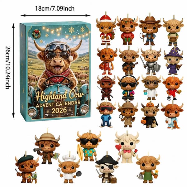 Højlandskvæg Julekalender, 24 Mini Figurer at Opdage, Julepynt