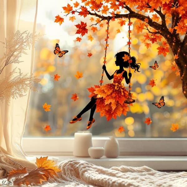 Reusable Autumn Window Decals, Static Cling Stickers with Leaves and Home Decor JD33167-4pcs