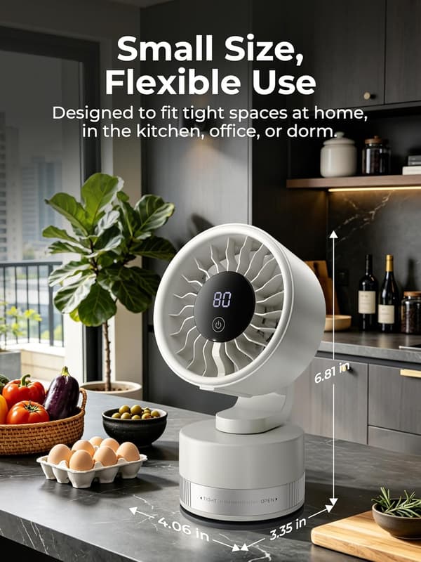 Stille USB-køleventilator, skrivebordsventilator med sugekopmontering, digitalt display og 6 justerbare hastighedsindstillinger White