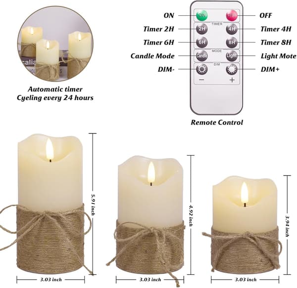 3-pack Rustic Flameless LED Candles with 3D Wick, Flickering Effect, Remote Control and Timer for Wedding, Party and Home Swinging+Rechargeable Remote