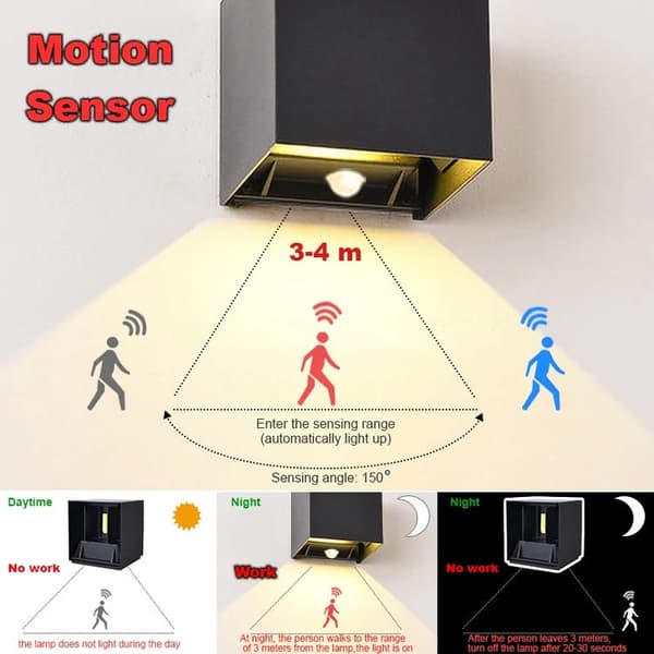 LED Cube Wall Lamp with Motion Sensor, 12W Up/Down, IP65 Indoor/Outdoor