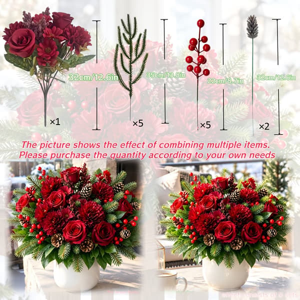 Artificial Christmas Bouquet 13-Pack – Pine, Berries, Pinecones, Red Flowers