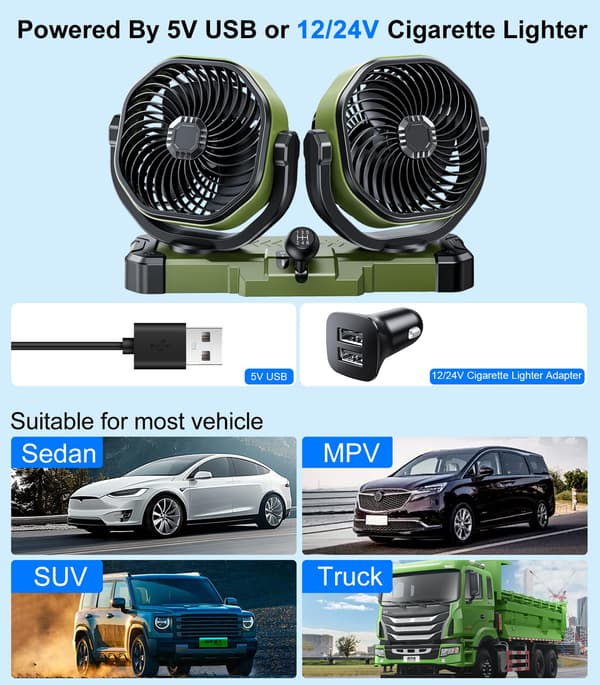 12V USB Dobbelt Hoved Bilventilator - Instrumentbræt Cigarettænder Luftkøler til Lastbil Autocamper SUV 12V