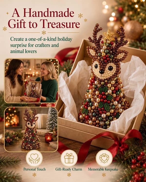 Christmas Tree DIY Bead Craft, 3D Handmade Christmas Decoration with Glittering Beads and Star Topper for Table White Rabbit