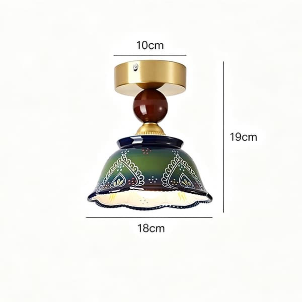 Taklampe, blomsterkeramisk skjerm, retro boho-stil, skoggrønn, E27, varmt lys