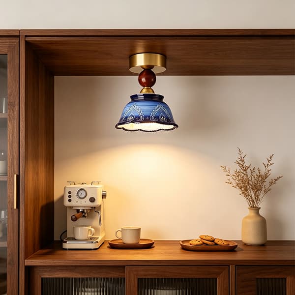 Taklampe, blomsterkeramisk design, retro boho-stil, blågrønn, E27, lyspære ikke inkludert