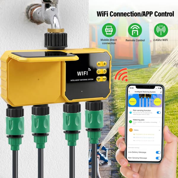 Solar WiFi Havevandingsur - 4 Zone Smart Vandingscontroller, Automatisk Vandingssystem med Regnsensor IPX6