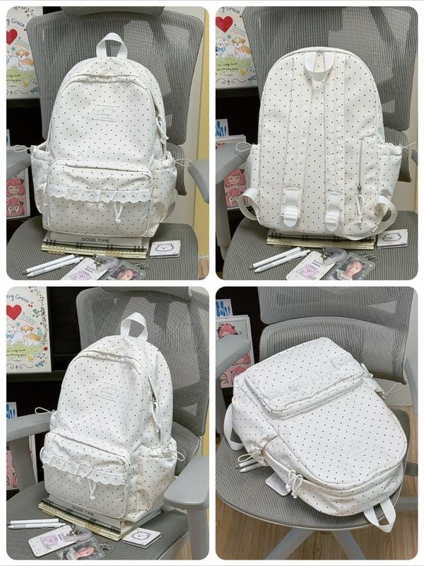 Cute Polka Dot Backpack with Lace Details and Bow, Spacious Laptop Backpack for School, Commuting, and Travel White