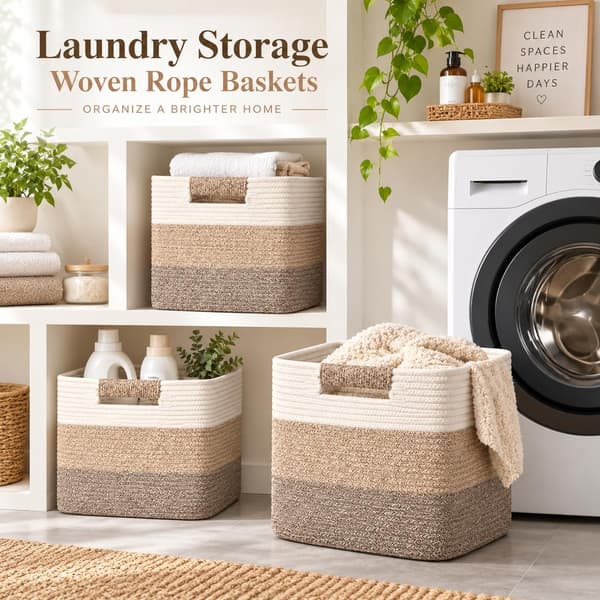 Cube Basket 27cm Cotton Rope – Handles, Brown Ombre color 3 1 Pack