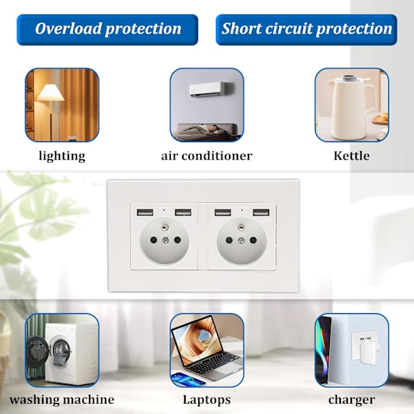 1/2 pcs Double Module Switch + Wall Socket with 2 USB – Easy Installation, Home & Office 2pcs
