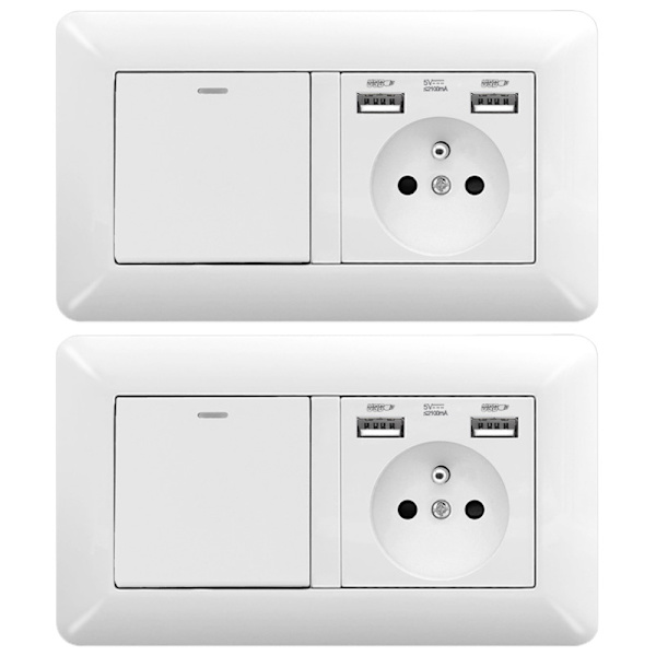 1/2 pcs Double Module Switch + Wall Socket with 2 USB – Easy Installation, Home & Office 2pcs