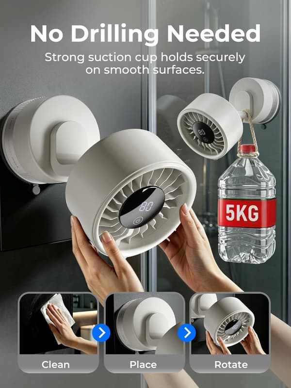 Stille USB-køleventilator, skrivebordsventilator med sugekopmontering, digitalt display og 6 justerbare hastighedsindstillinger White