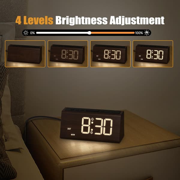 Wooden Digital Alarm Clock for Bedside Table – USB Port, Adjustable Volume, Amber Digits, DST Support, Brown Yellow