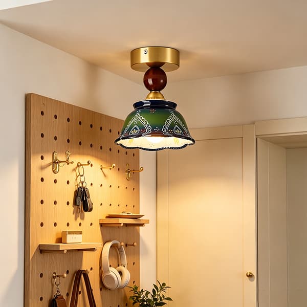 Taklampe, blomsterkeramisk skjerm, retro boho-stil, skoggrønn, E27, varmt lys