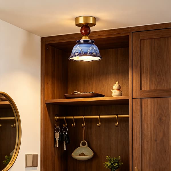 Taklampe, blomsterkeramisk design, retro boho-stil, blågrønn, E27, lyspære ikke inkludert