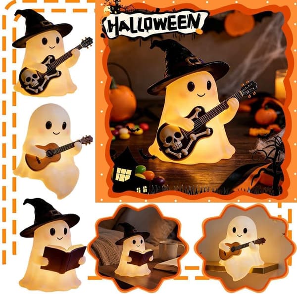 Halloween decoration with ghost and guitar, decorative lamp for table, shelf, bedroom and fireplace Guitar Ghost Hat