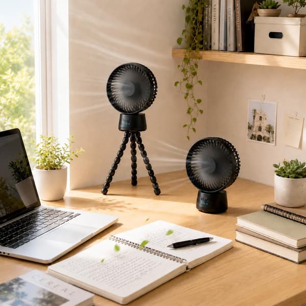 USB Genopladelig Blæksprutteventilator, 10000mAh Bærbar Ventilator med Fleksibelt Stativ og LED Natlys