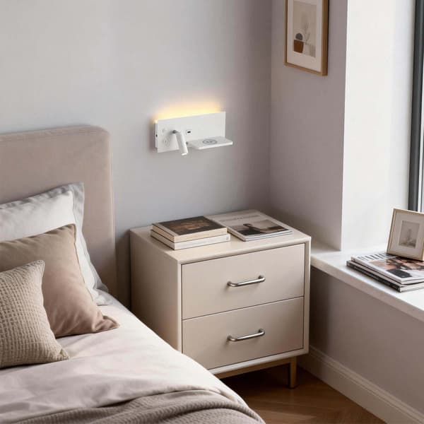 LED-vegglampe til soverom med trådløs lader, USB-port, hylle og leselys, multifunksjonell sengelampe Black Left