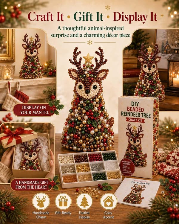 Christmas Tree DIY Bead Craft, 3D Handmade Christmas Decoration with Glittering Beads and Star Topper for Table Fox
