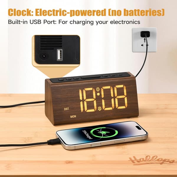 Wooden Digital Alarm Clock for Bedside Table – USB Port, Adjustable Volume, Amber Digits, DST Support, Brown Brown