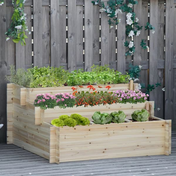 Trä 3-vånings trädgårdsplanteringsstege - Urban blomsterställning med geotextilfoder för odling av växter utomhus