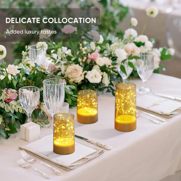 3-pack flameless LED decorative lights with built-in light string, remote control and timer for romantic table decoration Gold