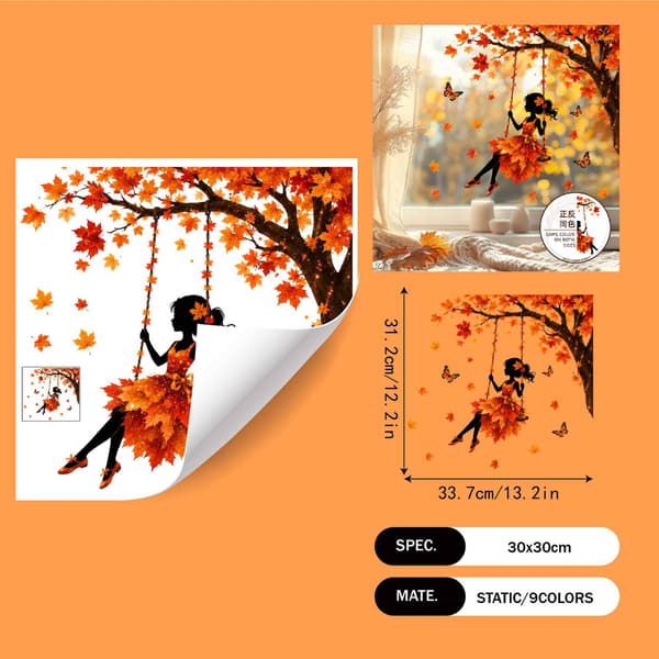 Reusable Autumn Window Decals, Static Cling Stickers with Leaves and Home Decor JD33167-4pcs