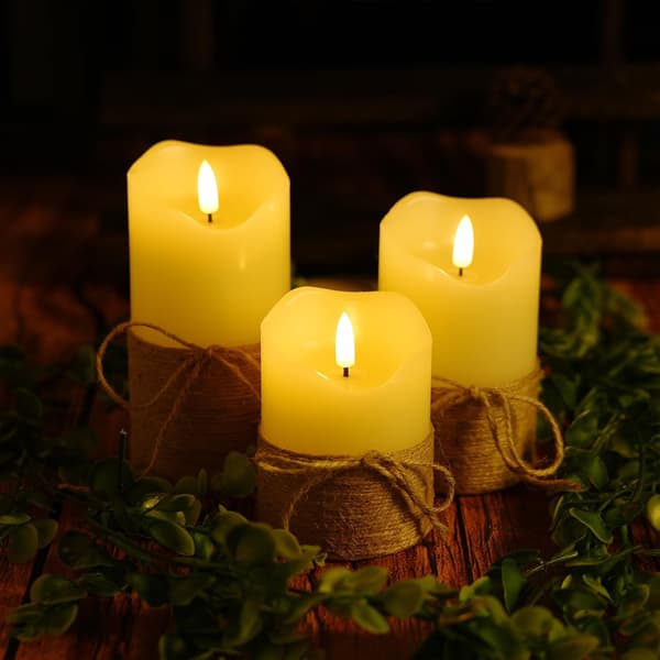 3-pack Rustic Flameless LED Candles with 3D Wick, Flickering Effect, Remote Control and Timer for Wedding, Party and Home Swinging+Rechargeable Remote