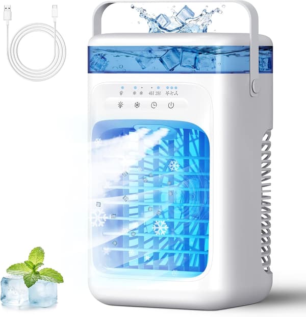 Bærbar Aircondition Ventilator, 3-i-1 Mini Køler med 1000ML Tank, 2 Tågetilstande, LED-lys, Timer til Hjem og Camping White