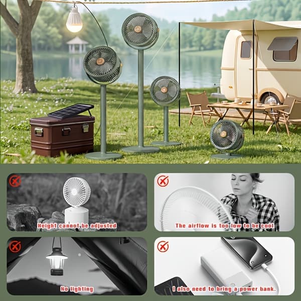 Genopladelig Solar Ventilator til Autocamper, Justerbar Højde Gulvventilator med USB-opladning og Stærk Luftstrøm Black